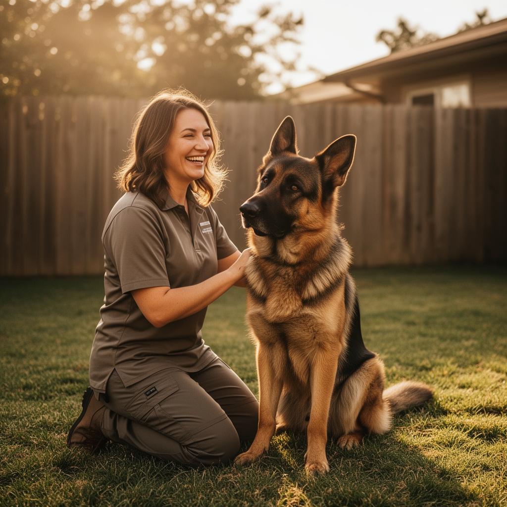 Trainer with a German Shepherd in a sunlit yard
